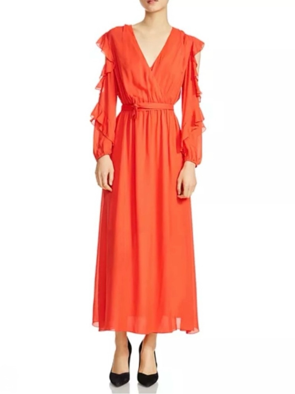 Brand New Maje Red Ruffle Sleeve Maxi Dress - Size Small